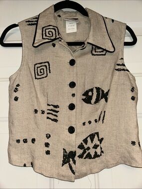 Granite Sleeveless Tribal Linen Button-Up Vintage Top 7/8 Tan Black Vest Artsy